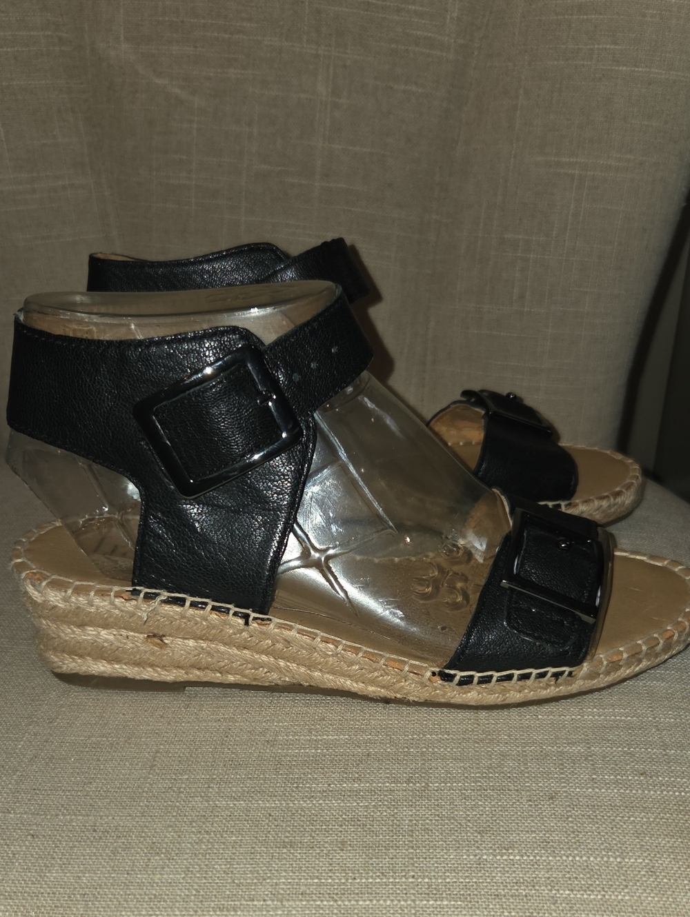 Franco Sarto Black Leather Espadrille Wedge Sandals with Buckle Straps